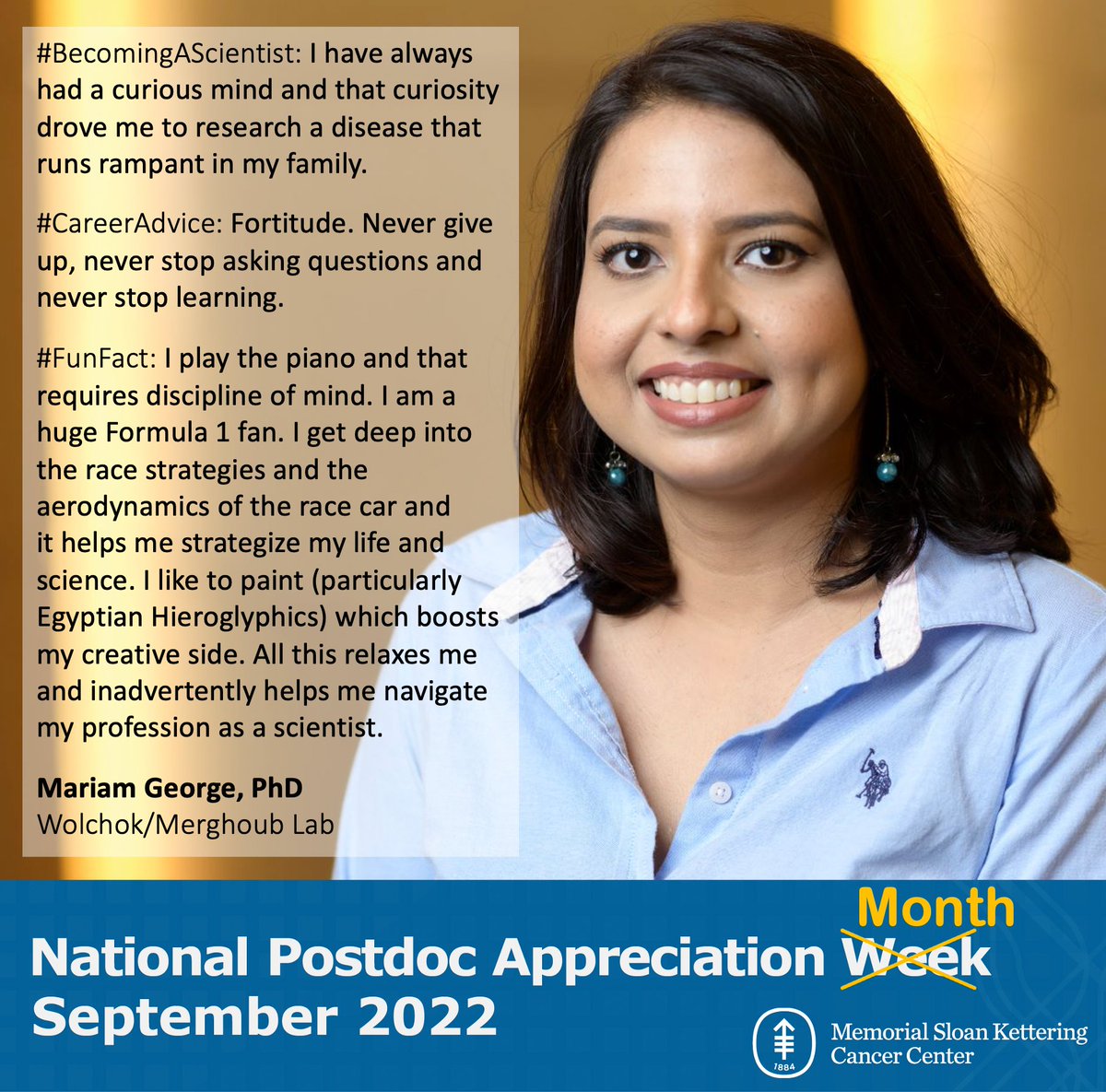 #NPAW2022 #TuesdayTrivia: what 🎹,🏎️&🎨 have in comment? They help & inspire #MSKPostdoc Mariam George (@MariamMG23) from the @wolchokj/@merghout lab with her research- developing #vaccines & other therapies by combining #chemotherapy & #immunotherapy to boost tumor control. 🇮🇳