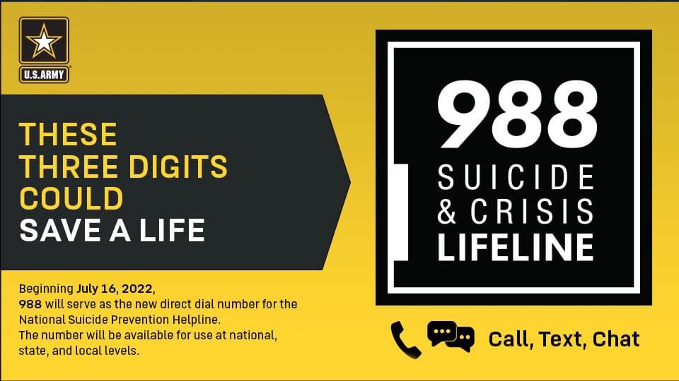 ARMYSOUTH's tweet photo. These three digits (988) could save a life.

If you need help, please reach out.

☎️ 988 if you need help 24/7.

#SuicidePreventionMonth

@USArmy @Southcom https://t.co/jpr7sYhnC2
