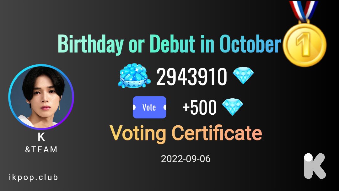 KWORLDBASE_twt's tweet photo. I voted for K at #iKPOP!
Total diamonds count: 2943910
Rank: 1
https://t.co/rTWDC7kr5l
#K   #ケイくん   #andTEAM_K https://t.co/4BHBGzmge5