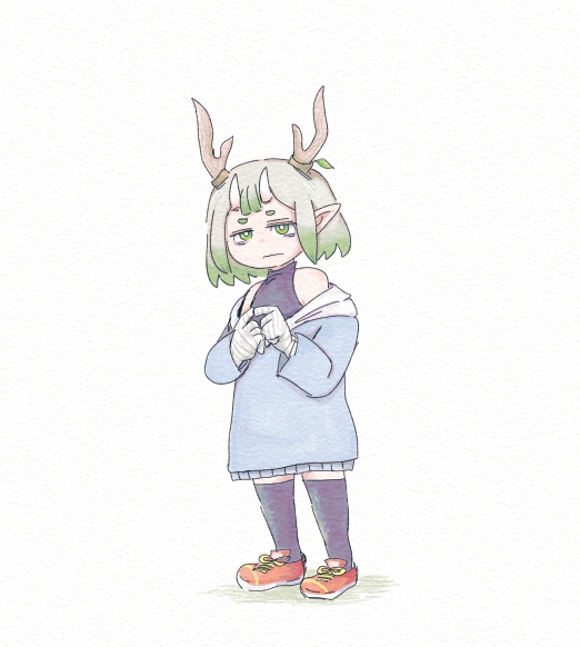 1girl solo horns pointy ears green eyes green hair shoes  illustration images