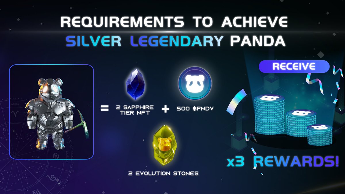 PNDV_CASH's tweet photo. Combine 2 Sapphire Tier Horoscope NFTs + 500 $PNDV +2 Panda Evolution Stones to evolve into Silver Legendary Panda!

Unlock the Panda Mining utility through our Staking Portal with rewards of 3x Total Initial Staked Value! 

Evolution Stones are rewarded from Panda DAO! https://t.co/LSfFJF8Ywh