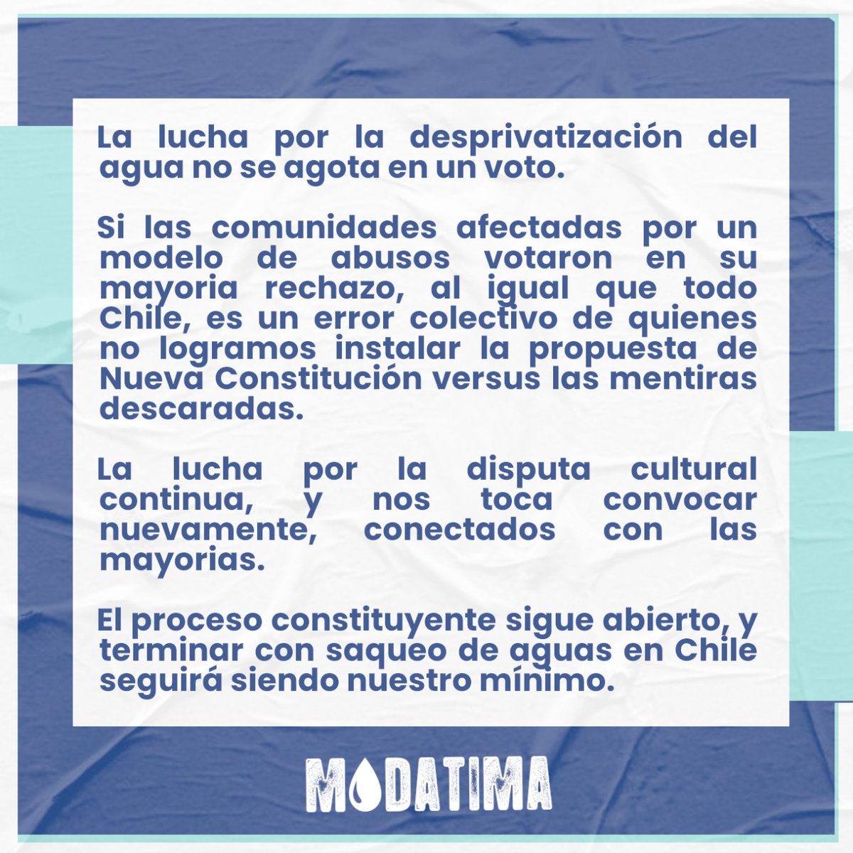 modatima_cl's tweet photo. Terminar con el saqueo de aguas sigue siendo un mínimo para un país más justo. #SomosModatima 💧 https://t.co/ITZowdrfIu