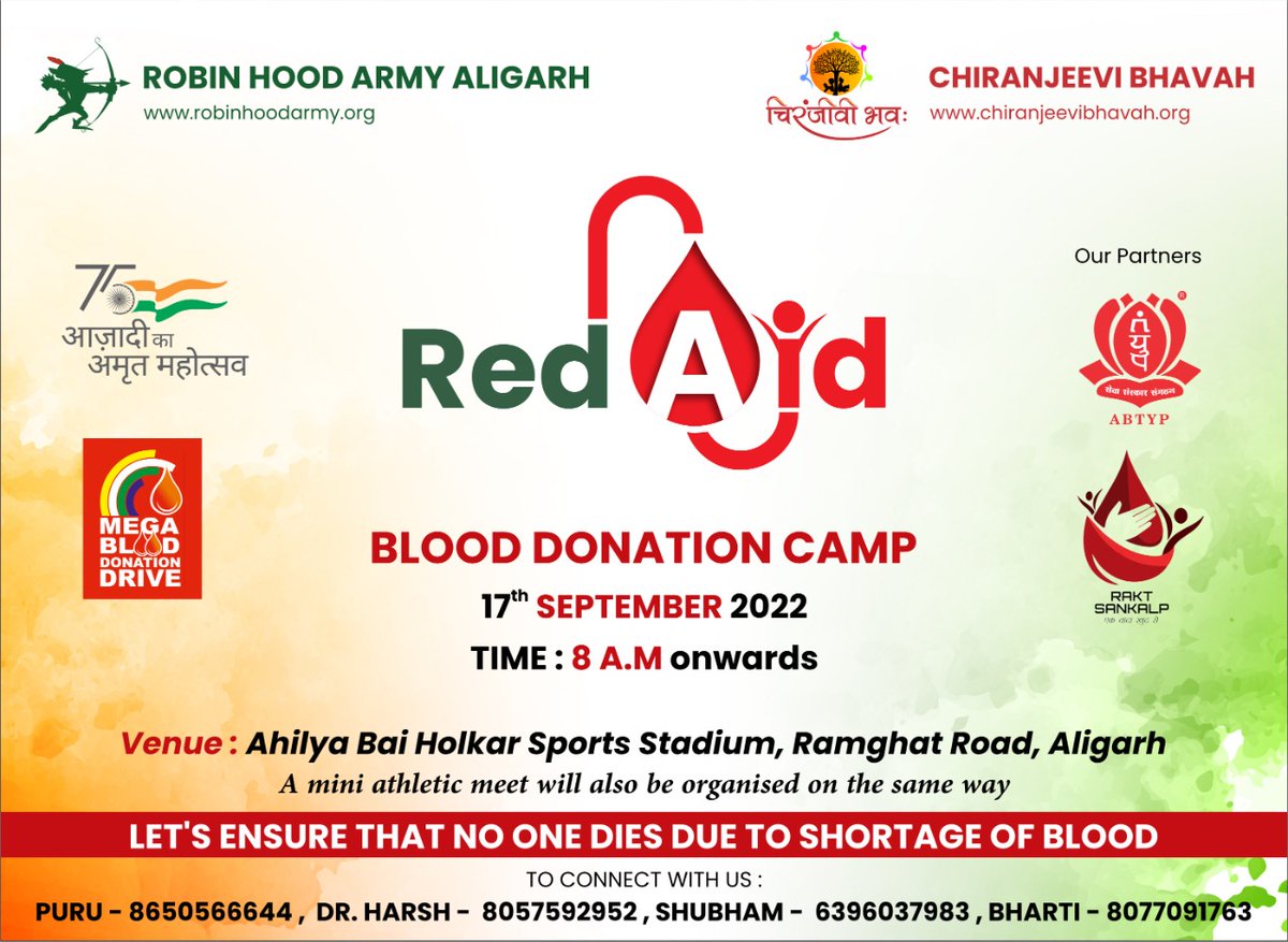 RaktSankalp's tweet photo. RaktSankalp is now the official #pledgepartner for the upcoming #Blooddonationcamp, Red Aid, on #17Sep'22.
Thank you @rha_india, Aligarh esp, @PuruYasharth ji for making it happen.
 #Corporatepartners from #Aligarh, pls DM.
#raktsankalp #raktnirbharbharat https://t.co/74cT6UXT6e