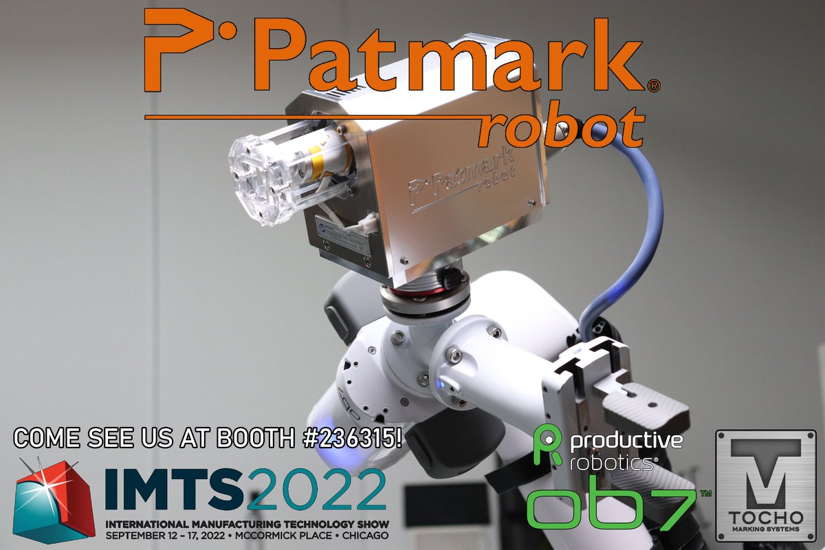 TochoInc's tweet photo. Less than a week away from #IMTS2022. Looking for a #PinMarker that can be used in a #cobot application? In booth #236315, we are working with @prorobotics to demo our #Patmark_Robot automated #marking system. Stop by & see it in action. @IMTSchicago #OB7 #automation #DotPeen https://t.co/IHztiJnNnn