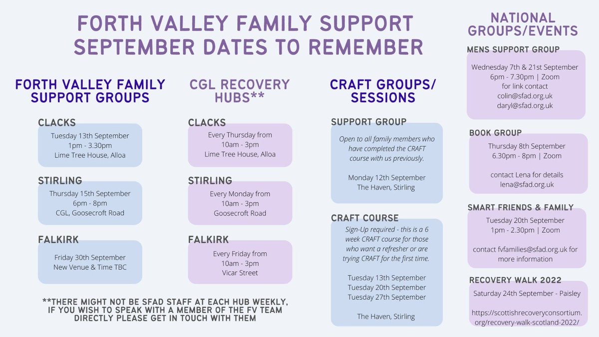 #ForthValleyFamilySupportService has groups on throughout September, for anyone aged 16+ worried about someone else's alcohol and/or drug use. We also have some online, national groups listed here. For more info, contact us on: fvfamilies@sfad.org.uk @JadeSfad @ScotFamADrugs