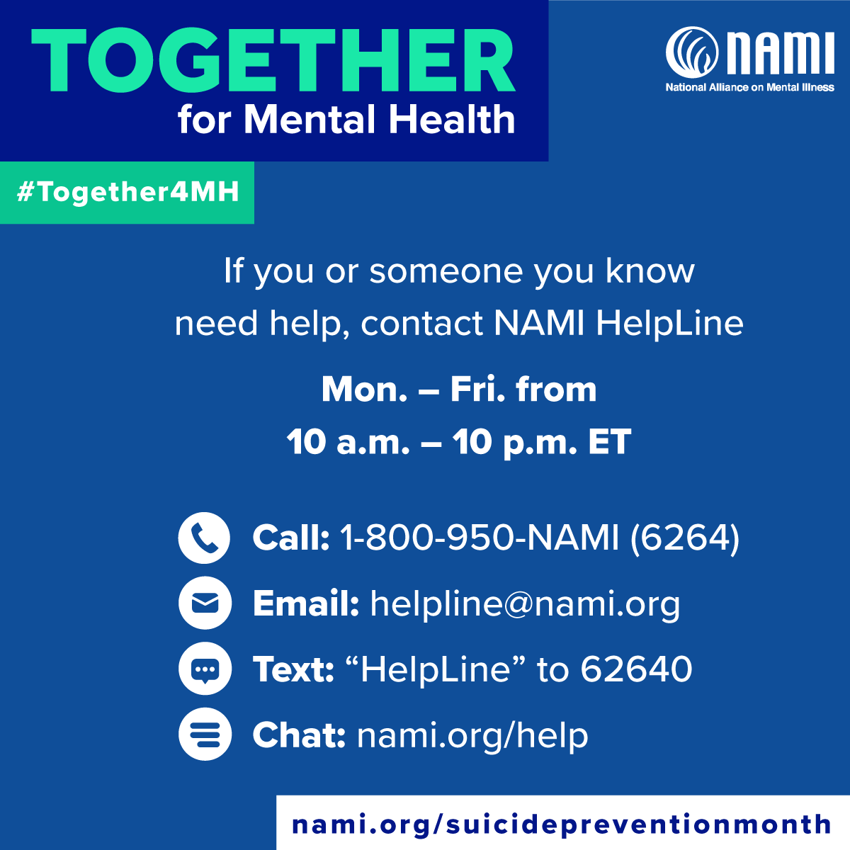 NAMICommunicate's tweet photo. Save &amp; share this post! If you or a loved one is struggling with mental health concerns our HelpLine is here to help. Our staff &amp; volunteers are experienced, well-trained, &amp; able to provide guidance. 
- 
Note: if you're experiencing a mental health crisis please call or text 988. https://t.co/eH8LL0LdhS