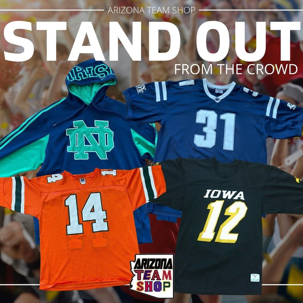 AZTeamShop's tweet photo. 🏟️STAND OUT FROM THE CROWD🏟️

We've got the NCAA gear to help you stand out from the crowd on game day!

https://t.co/lUcKctTms7

#ncaa #football #ncaafootball #college #collegefootball #notredame #pennstate #miami #iowa #irish #nittanylions #hurricanes #hawkeyes #vintage https://t.co/HHgkK3xTLL