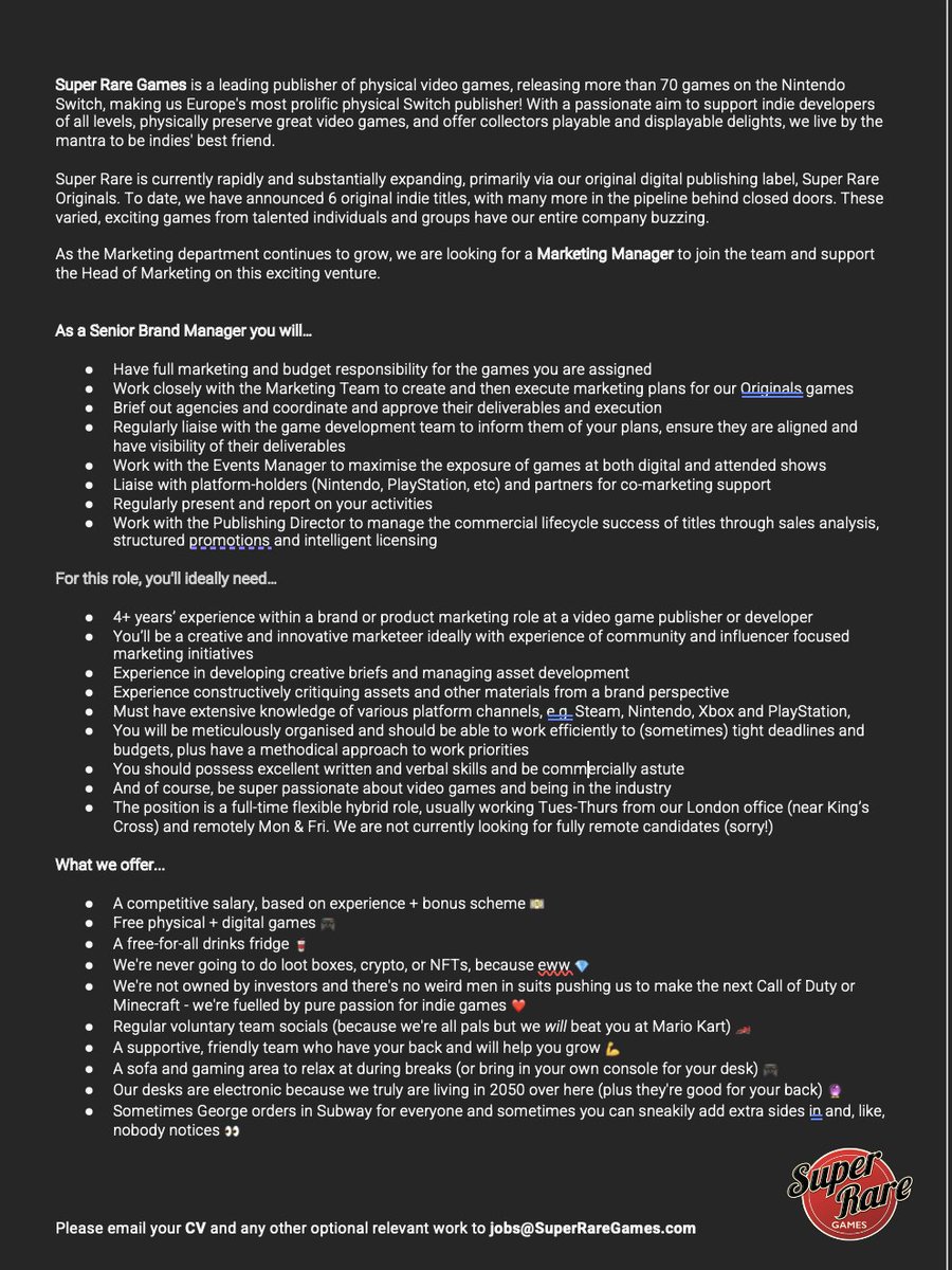 Hellllllllo! Super Rare are looking for a Senior Brand Manager to join the team! Get in touch if you've been working in the marketing of games for the last few years and looking for a new challenge at an exciting games publisher <3 RT's and all that is great!