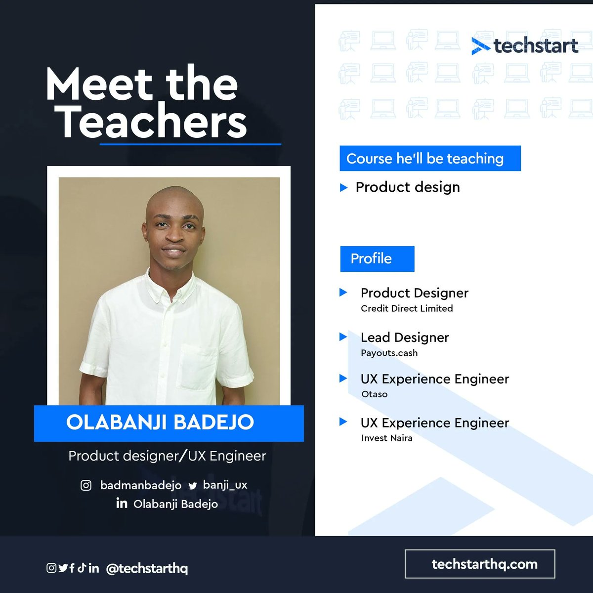 techstarthq's tweet photo. Meet Olabanji Badejo, a UX-engineer with excellent problem-solving skills. He’s currently a Product designer at Credit Direct Limited. 

We are delighted to have him on board. https://t.co/qeDehOn0Nn