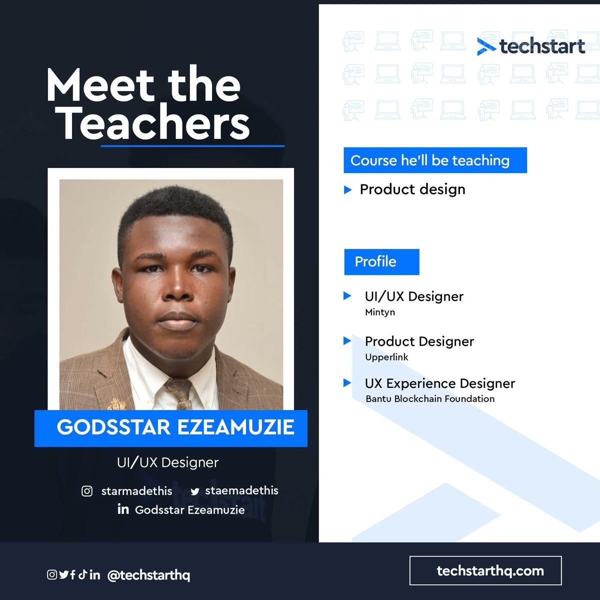 techstarthq's tweet photo. Meet Godsstar Ezeamuzie, one of the product design tutors for this year’s virtual cohort.

He has worked as a product designer for Upperlink and as a UI/UX designer for Mityn. 

We are looking forward to the mind-blowing projects the product design students will work on. https://t.co/RoFLLrewwb