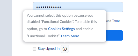 SecAbsurdity's tweet photo. Zoom's cookie banner (via dumb OneTrust) when declining all, turns off 'Functional Cookies' such as 'Stay Signed in'. Never seen a site let you turn off functional cookies like this before, weird. Punished for denying marketing? https://t.co/GFuS38ZSxm