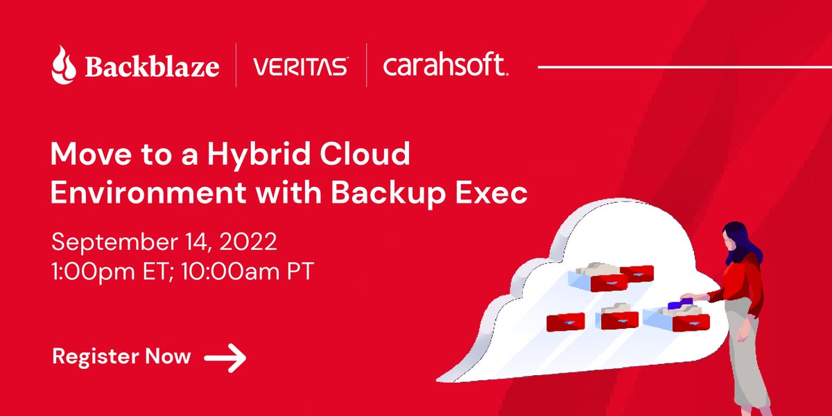 Carahsoft's tweet photo. Looking to reduce your backup storage costs & migrate from disk or tape to cloud storage? You’re invited to join us, @backblaze & @VeritasTechLLC on 9/14 to learn about recovery solutions for your data: https://t.co/pEY02FlScy #BackupExec https://t.co/i4Rl8Sb2Bh