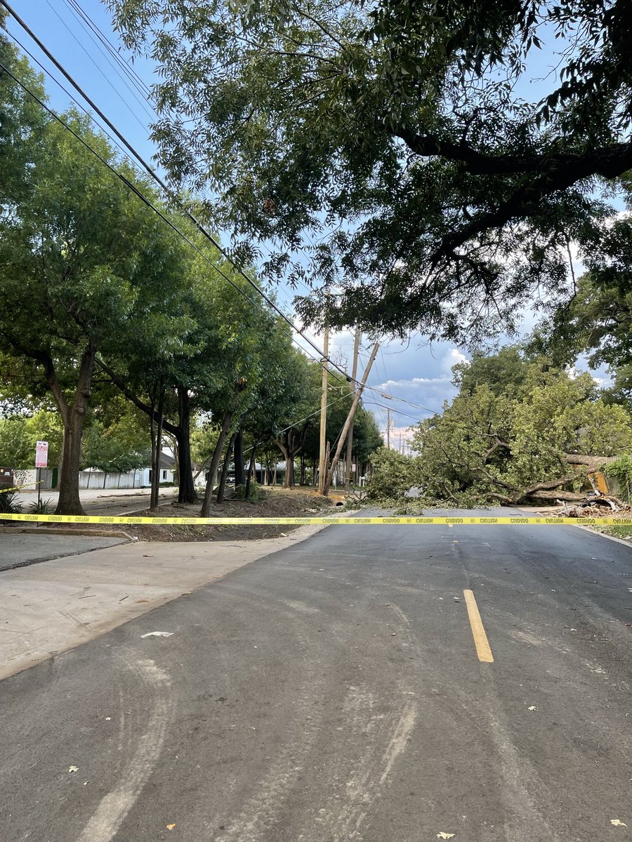SophiaNBC5's tweet photo. Crews &amp; neighbors have been busy cleaning up debris from the storm 2 days ago, which continues to be an issue in some places. @CityOfDallas @Johnson4Dallas a big tree &amp; utility pole are in the street at Empire Central &amp; Maple,blocking entrances to a Montessori school @NBCDFW https://t.co/OQGVCvwCmM