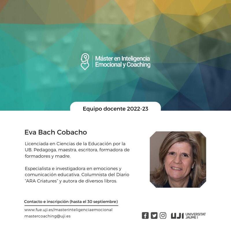 evabachbcn's tweet photo. Muy contenta de formar parte, un curso más, del equipo docente del Máster en #Inteligenciaemocional y #Coaching de la @UJIuniversitat 
@Master_IEcoach 
🗓️Inicio: 28/10 - presencial o 100% online
👉Inscripciones abiertas: https://t.co/jypnjnHmk4
Ayudas económicas disponibles https://t.co/QKVq7SPOvA