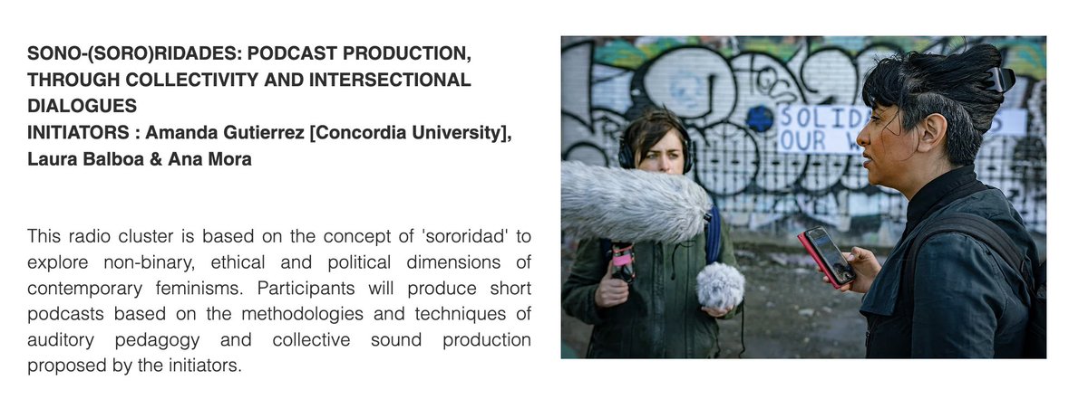 I will be hosting a workshop/lab with my dear sound scholar colleagues <a href="/alfonsinamora/">Ana Mora</a> and Amanda Gutiérrez at Montreal from Sep, 8th-10th. Podcast production, collectivity, intersectionality, radio, and feminisms. Agradecida de participar con Bulla.