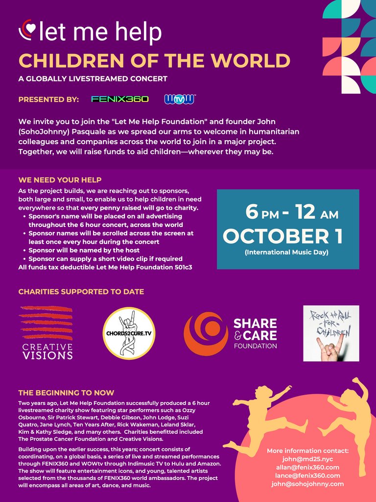 letmehelpinc's tweet photo. We invite you to join the "Let Me Help Foundation" and founder John (SoHo Johnny) Pasquale as we spread our arms to welcome humanitarian colleagues and companies worldwide to participate in a significant project.

Together we will raise funds to aid children—wherever they may be! https://t.co/X6O2kP3Xqy