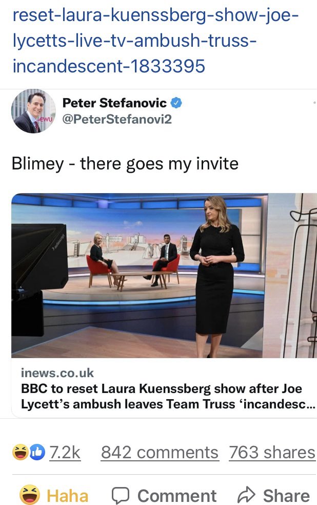 ishabluebell's tweet photo. Thank you for this, @PeterStefanovi2 ๐
Oh @BBC you done wrong. Ditto @bbclaurak ๐
Alt text: โBlimey there goes my inviteโ: Peter Stefanovic & โBBC to reset #LauraKuenssberg show after #JoeLycettโs ambush leaves #teamTruss incandescentโ. https://t.co/5Bl4PGfN0I
