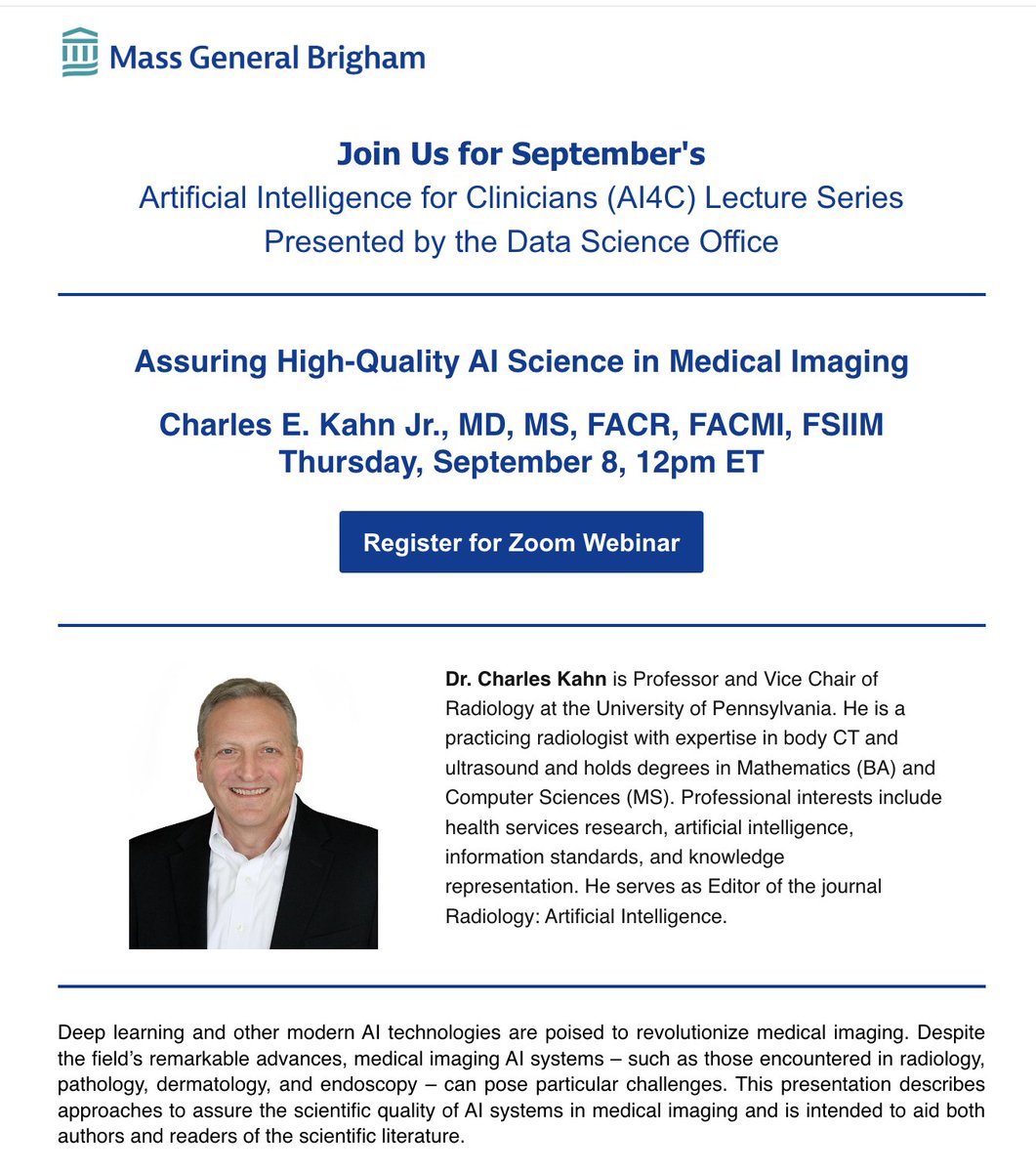 Bharti Khurana, MD, MBA, FACR, FASER (@khuranabharti) on Twitter photo We're looking forward to hearing <a href="/cekahn/">Charles Kahn, MD</a> <a href="/Radiology_AI/">Radiology: Artificial Intelligence</a> <a href="/RSNA/">RSNA</a> <a href="/PennRadiology/">Penn Radiology</a> speak on "Assuring high-quality #AI Science in Medical Imaging" <a href="/clindatsci/">Mass General Brigham Data Science Office (DSO)</a> <a href="/MGHImaging/">Mass General Imaging</a> <a href="/BrighamRad/">Brigham and Women's Radiology</a> #machinelearning #DataScience #radiology <a href="/BernardoBizzo/">Bernardo Bizzo</a> <a href="/KathyAndriole/">Kathy Andriole</a> We're looking forward to hearing <a href="/cekahn/">Charles Kahn, MD</a> <a href="/Radiology_AI/">Radiology: Artificial Intelligence</a> <a href="/RSNA/">RSNA</a> <a href="/PennRadiology/">Penn Radiology</a> speak on "Assuring high-quality #AI Science in Medical Imaging" <a href="/clindatsci/">Mass General Brigham Data Science Office (DSO)</a> <a href="/MGHImaging/">Mass General Imaging</a> <a href="/BrighamRad/">Brigham and Women's Radiology</a> #machinelearning #DataScience #radiology <a href="/BernardoBizzo/">Bernardo Bizzo</a> <a href="/KathyAndriole/">Kathy Andriole</a>