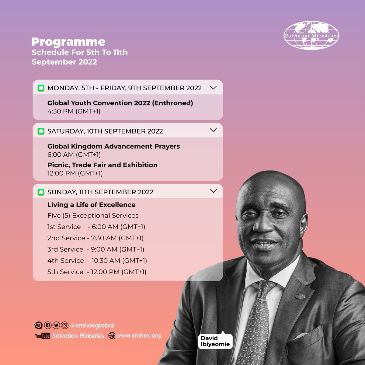 Here is the programme schedule for the week. Have a productive week.
#SalvationMinistries #DavidIbiyeomie