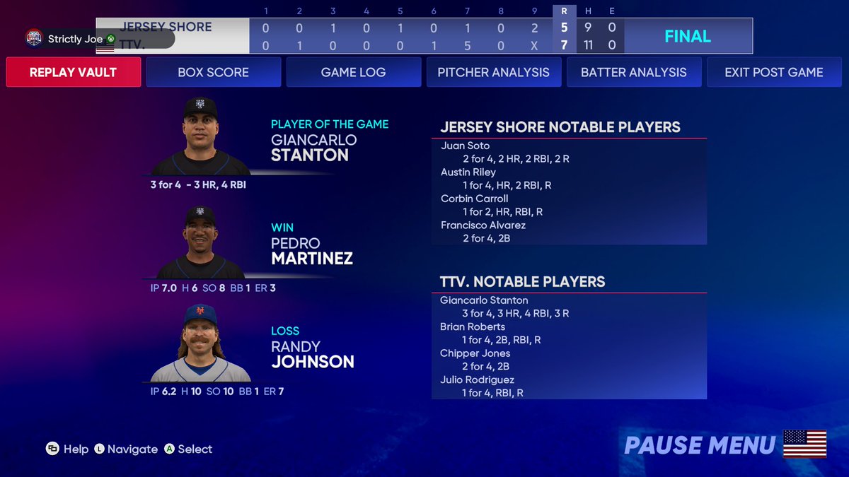 Metsfansince96's tweet photo. Stanton had himself a game Against Randy Johnson and i snuck away with the 7-5 Win! follow me on Twitch and my other socials. Link in Bio! #streamer #streamers #streamerpost #mlbtheshow22 #diamonddynasty #giancarlostanton #twitchstreamer #twitchtv #twitch #twitchaffiliate https://t.co/xXrxjiIva4