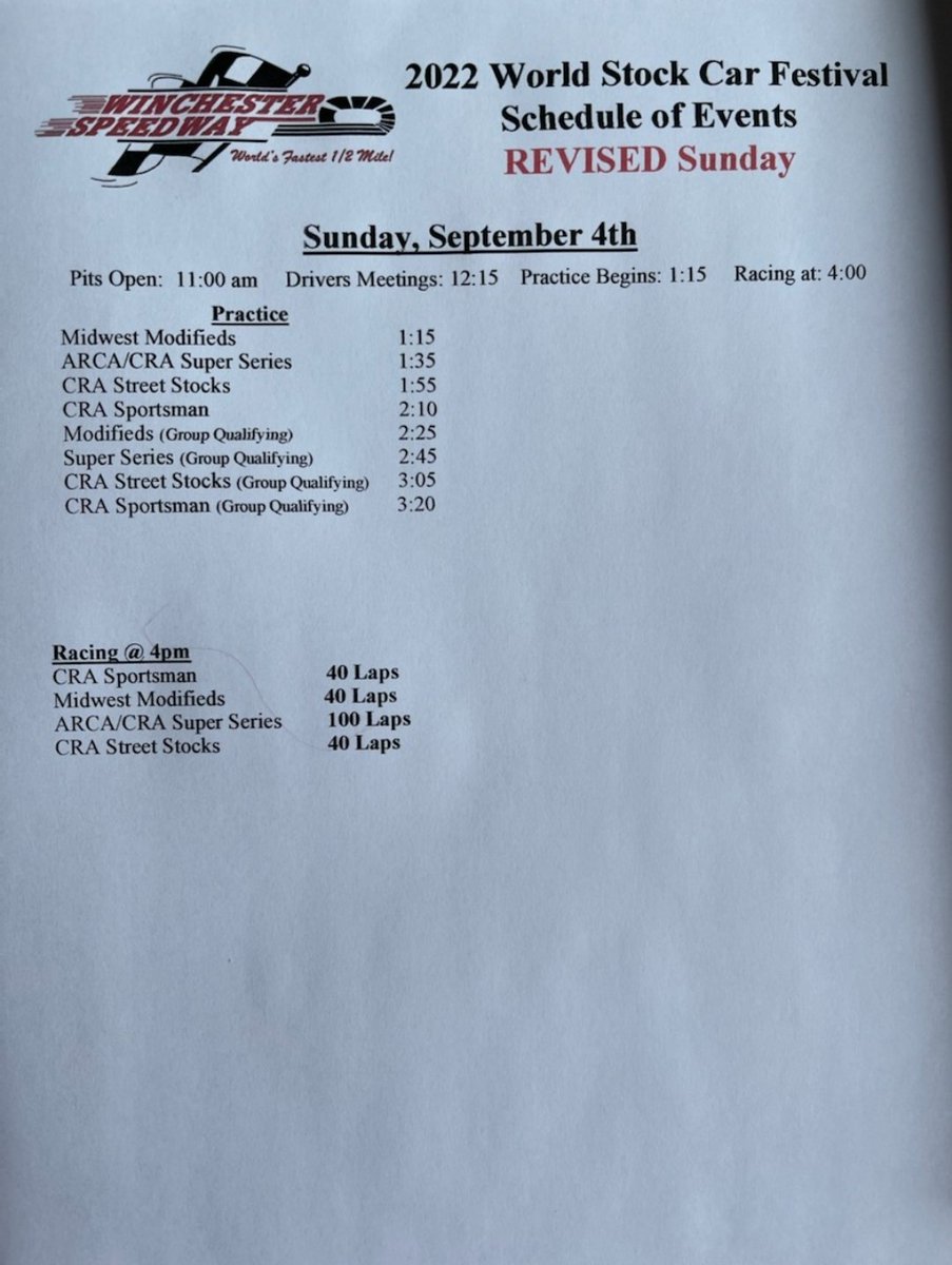 CRA Racing on Twitter: "Here is today's REVISED schedule of events to CRA Racing on Twitter: "Here is today's REVISED schedule of events to