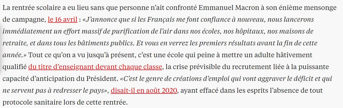 Au moins une personne en aura parlé dans la presse, merci 🙏<a href="/LehmannDrC/">Christian Lehmann</a>
 
"La #RentreeScolaire a eu lieu sans que personne n’ait confronté <a href="/EmmanuelMacron/">Emmanuel Macron</a> à son énième mensonge de campagne, le 16 avril [l'effort massif pour la purification de l'air...]"

liberation.fr/societe/sante/…