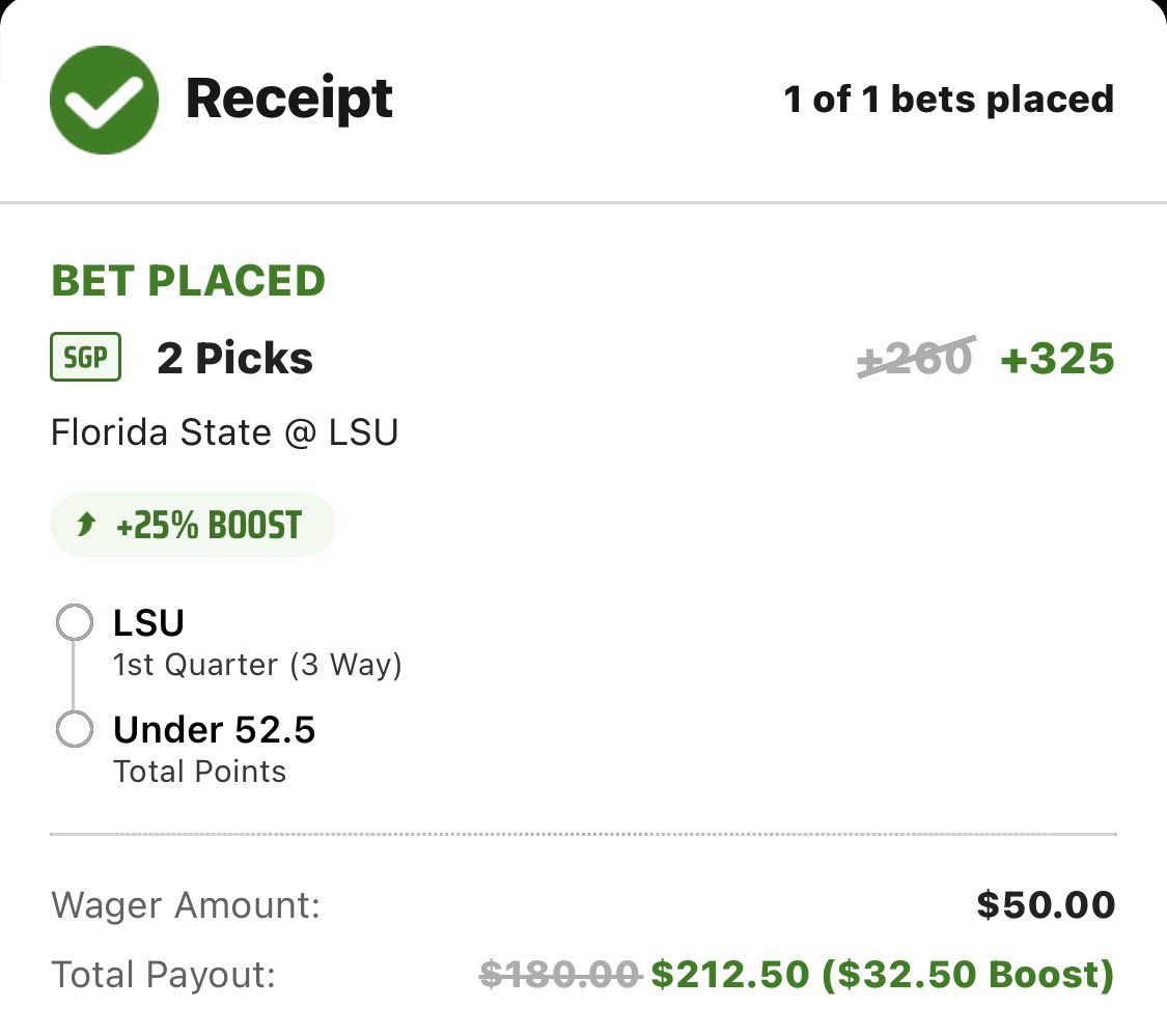 PromoSharks's tweet photo. Actually will be using the SGP boost π
- LSU 1Q 3 way ML
- u52.5
I wouldnβt go more than 2 units on this bc SGPs are juiced pretty heavily.
Iβm raising my personal unit size to $25 btw. Remember, a unit should be 1% of the money you set aside ONLY for gambling π€ https://t.co/BOwoWaYOT9