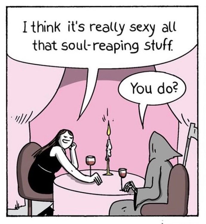 teatime_reaper's tweet photo. when death is your chosen path, starting a relationship can be tough . . . so many weirdos!
.
ππ #grimhumor via the awesome @war.and.peas #letsputasmileonthatface #sundaymorningfunnies #whysoserious
.
#βοΈβ³π
#TeaTimewiththeReaper : true story . . . https://t.co/AZFjIWlGwt https://t.co/iHjzFkvs9H