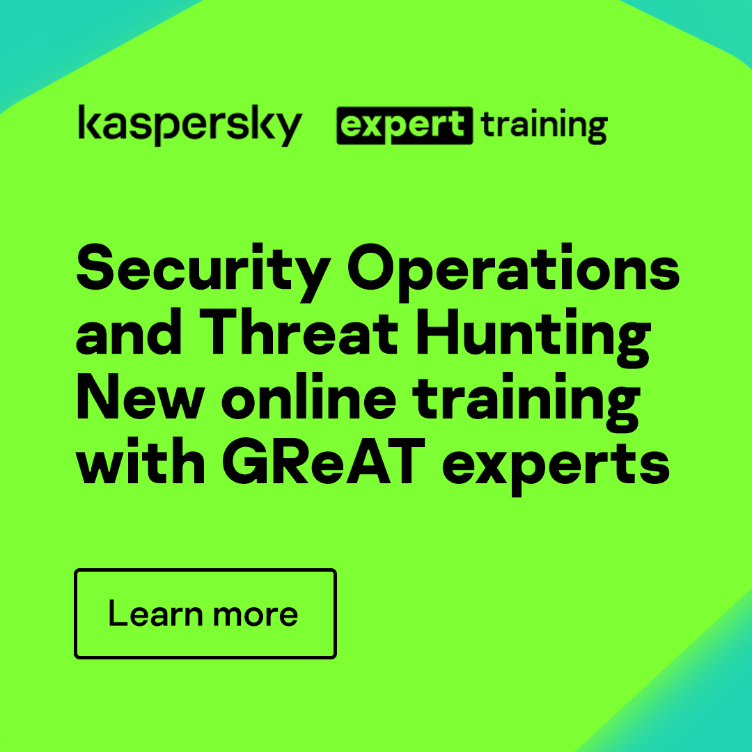 kaspersky's tweet photo. It’s time to upgrade your business protection. Our latest training course offers lessons in #security operations and #threathunting for enterprise teams and #cybersecurity specialists. 

Register now: https://t.co/ZZ3mY8jyvt

#SOC #training #threatintelligence #Windows #Linux https://t.co/FbEswi0Hoo