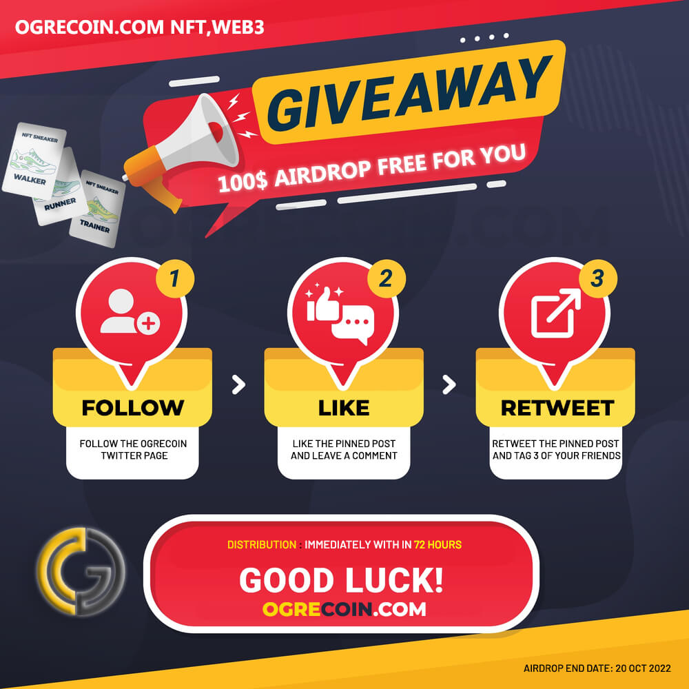 nftElonMuskorg's tweet photo. Walk and #earn in NFT #SneakersChallenge 

AirDrop 10,000 OGC = 100$ #Free

AirDrop Bot : https://t.co/xLzsNy1mUJ
WebSite Project: https://t.co/NEJUqqrQNN
#WhitePaper: https://t.co/O9rh9qJFCX
#Twitter Page: @OgreCoins

#OgreCoin #NFT #OGC #NFTGiveaway #AirdropKingNews #airdrop https://t.co/7HlBeWNBct