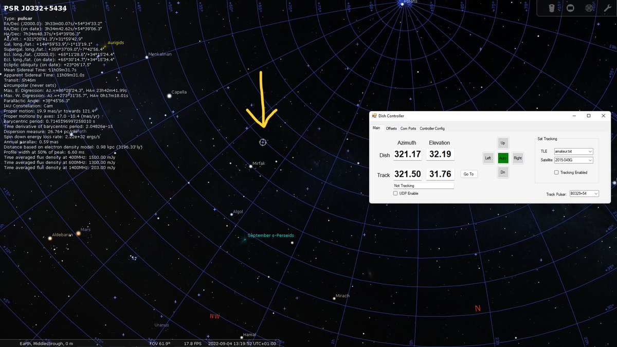 M0DTS's tweet photo. I'm using my big dish antenna (3m across) to successfully detect Pulsar B0329+54 on 1.28GHz.
The plot shows the pulses detected at a very precise rotation time of 0.71446602 seconds.
I have managed to detect pulsars before but this is a much better result for 1.28GHz😁
#pulsar https://t.co/bGPZcI8Suq