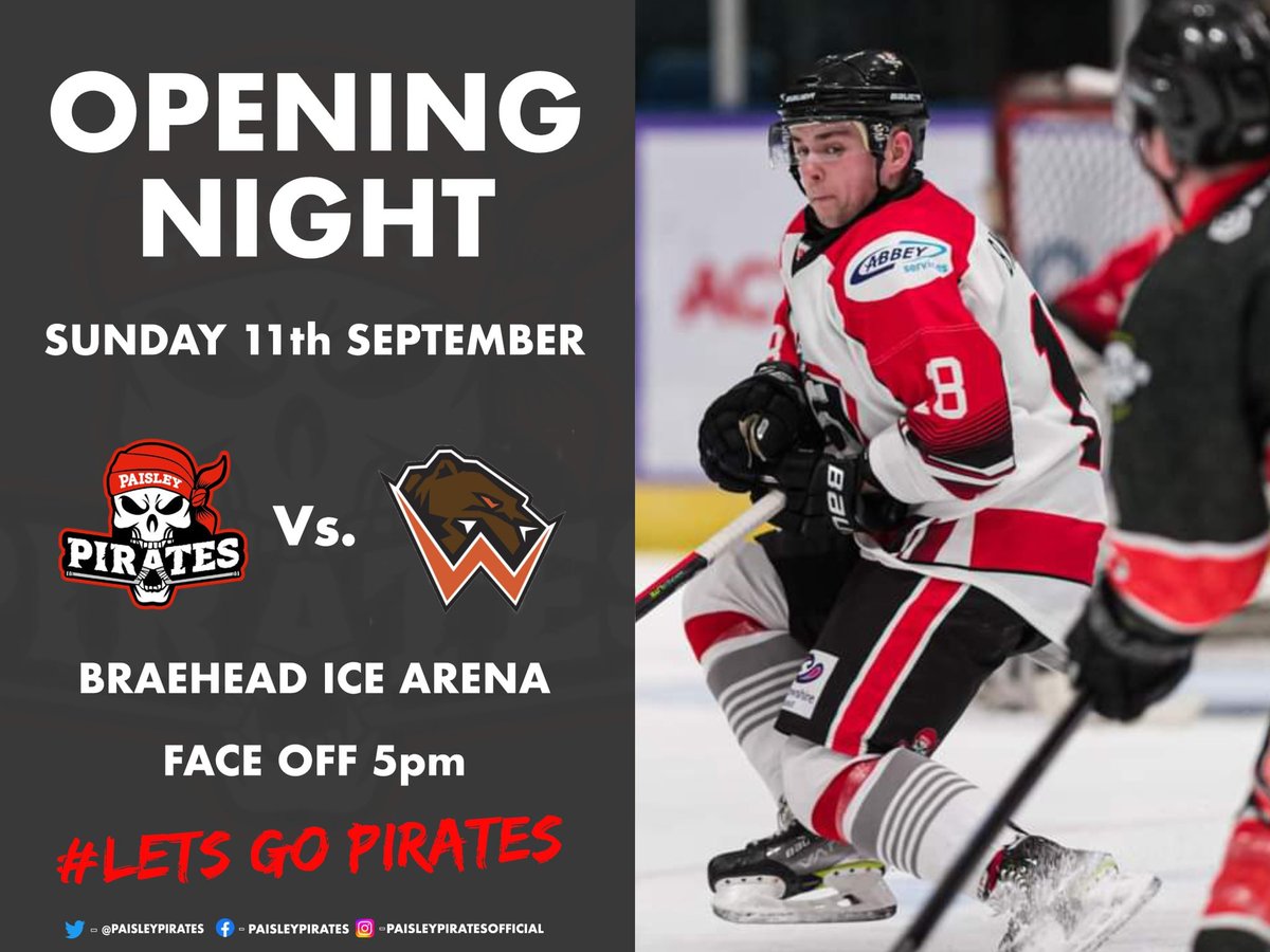 ONE WEEK TO GO!
#letsgopirates

Paisley Pirates v North Ayrshire Wild
Braehead Arena.
Face Off 5pm. Doors Open 4.20pm.

Thanks to @SNLHockeyUpdate
For graphics and Al Gold for photo.

#paisleypirates #braeheadarena #paisley #renfrewshire #icehockey #snlhockey