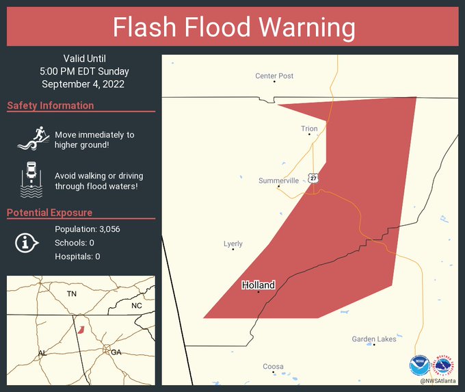This graphic displays a flash flood warning plotted on a map. The warning is in effect until 5:00 PM EDT. The warning includes Holland GA. This warning is for Central Chattooga County in northwestern Georgia and Central Floyd County in northwestern Georgia. Avoid walking or driving through flood waters! Move immediately to higher ground! There are 3,056 people in the warning along with 0 schools and 0 hospitals.