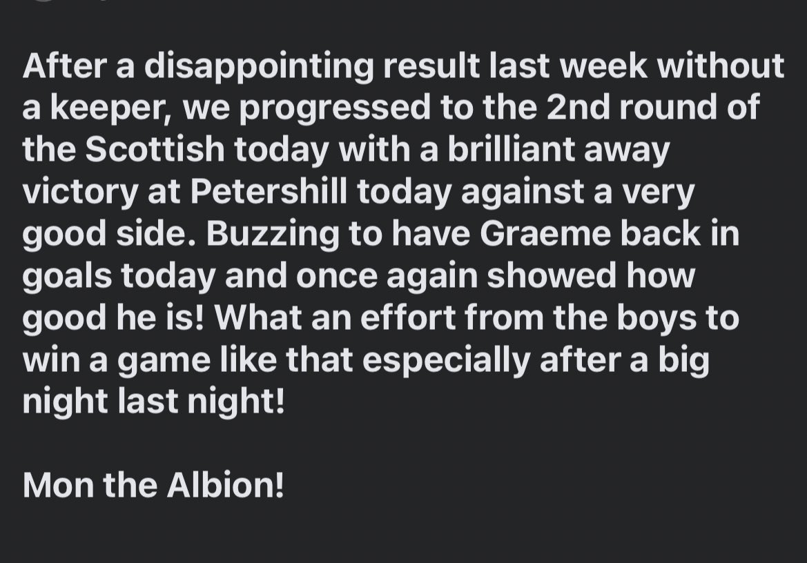 EK Albion (@ekalbion) on Twitter photo Today: Scottish Cup
Maryhill Milan 1-3 EK ALBION
⚽️ <a href="/ryankelly789/">Ryan Kelly</a> (Lewis)
⚽️ <a href="/SeanKelly1888/">Sean Kelly</a> (Skips)
⚽️ <a href="/Adamhenderson12/">Adam Henderson</a> (Lewis)
⭐️ Graeme McMillan ⭐️
Last week: Premier League
EK ALBION 1-6 Weirs
⚽️ <a href="/ryanjohnstone31/">RJ</a> Today: Scottish Cup
Maryhill Milan 1-3 EK ALBION
⚽️ <a href="/ryankelly789/">Ryan Kelly</a> (Lewis)
⚽️ <a href="/SeanKelly1888/">Sean Kelly</a> (Skips)
⚽️ <a href="/Adamhenderson12/">Adam Henderson</a> (Lewis)
⭐️ Graeme McMillan ⭐️
Last week: Premier League
EK ALBION 1-6 Weirs
⚽️ <a href="/ryanjohnstone31/">RJ</a>