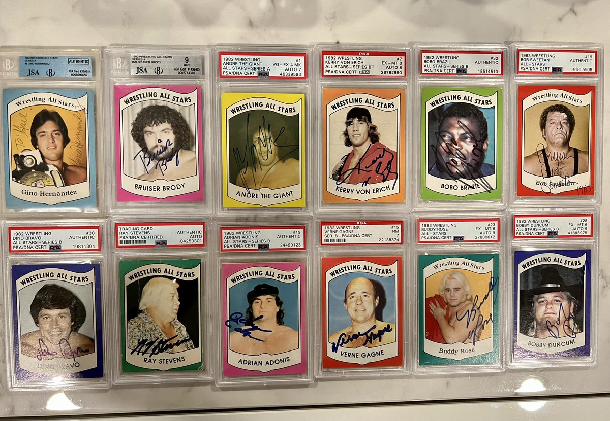 danny313131's tweet photo. Love ultra rare 1982/1983 Wrestling All Star autograph cards. All these cards here are true set busters for anyone collecting these sets @dpeck100 @frankiesaints @MilSantos13 @Joey_Graben @Rod25795921 @Zhanmourning @CardboardPicker #1982wrestlingallstars #completesets #thehobby https://t.co/XEGNnr2HWG