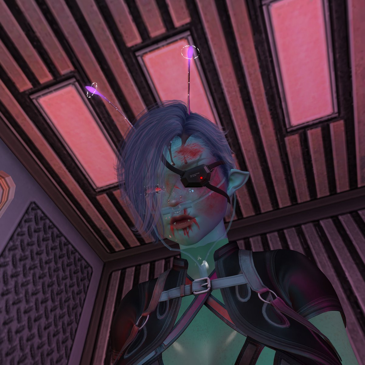 Nyan_Koyo's tweet photo. [IC] Medical report: Koi suffered multiple lacerations, loss of her left optical system, loss of blood and several broken bones from breaking the comms table. She is recovering and being stubborn. #AlienInvader #SLWrestling @WPWFed_SL https://t.co/j5mFlgu5w4