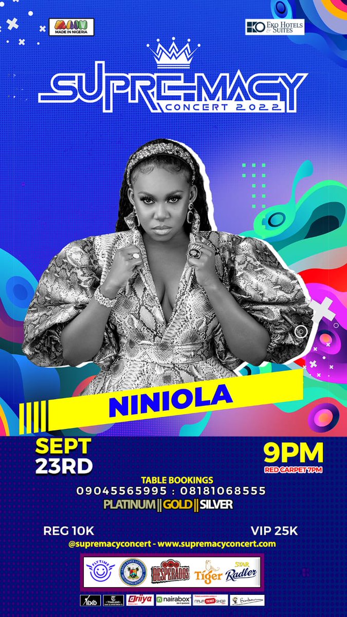 TheSConcert's tweet photo. #supremacyconcert - Crown Jewel of Shows at the #ekohotel : 23rd Sept 2022 - Show Time : 9pm prompt
@OfficialNiniola
#niniola
#want https://t.co/TlCBEJXoS3