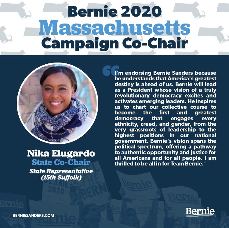 returnofthebern's tweet photo. MA State Senate - 2nd Suffolk

@NikaElugardo was a Bernie 2020 MA Co-Chair and is the only Berniecrat in this race! She even introduced Bernie at his rally in Boston! @OurRevolutionMA, @350MassAct, @jpprogressives, @massteacher, @CllrKendraLara and more have endorsed her!#NotMeUs https://t.co/EX0YdeWhpQ
