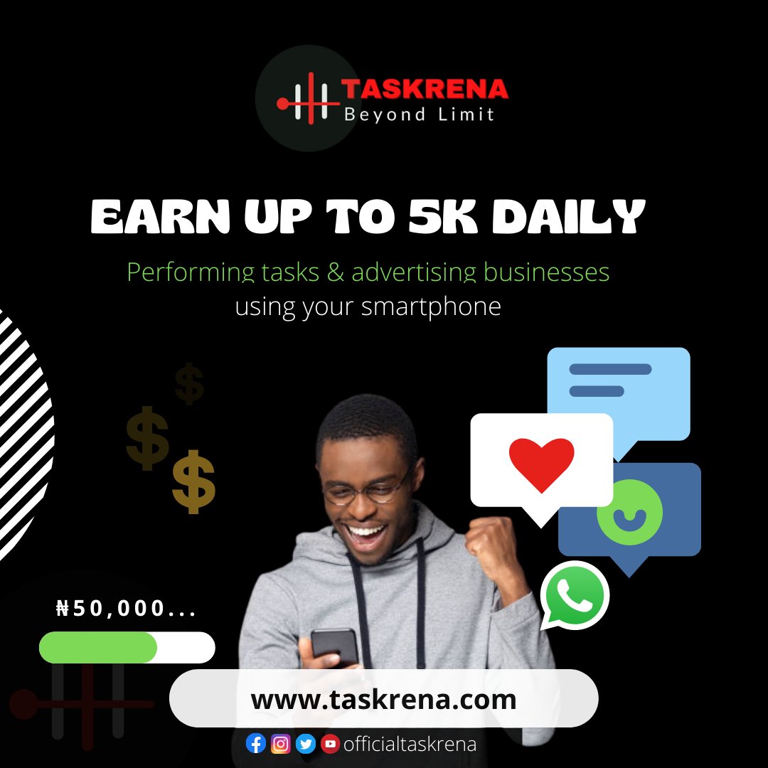 Dave5terr's tweet photo. Earn up to NGN5000 per day by simply performing tasks. Register today for free to start earning. #taskrena #earnfromhome - Follow this link: https://t.co/QZnN5eVZVu https://t.co/f6x3ysVR59