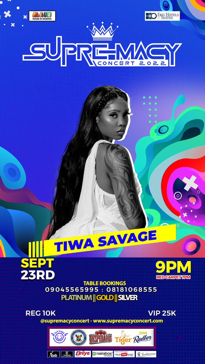TheSConcert's tweet photo. #supremacyconcert - Crown Jewel of Shows at the #ekohotel : 23rd Sept 2022 - Show Time : 9pm prompt
@TiwaSavage
#tiwasavage https://t.co/ASWs4mBHxG