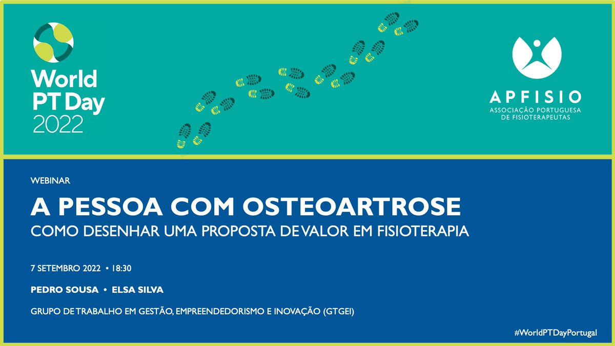 apfisio's tweet photo. 📣 WEBINAR #GTGEI #APFISIO | "A Pessoa com #Osteoartrose: como desenhar uma Proposta de Valor em #Fisioterapia"
🗓7 Setembro 2022 - 18:30
🗣Pedro Sousa | Elsa Silva
👉GRATUITO
📎LINK ZOOM: no dia
‼️CONCURSO @APFISIO: https://t.co/Xkrcg14Sow
#WorldPTDay #WorldPTDayPortugal https://t.co/hk79lOPbSn