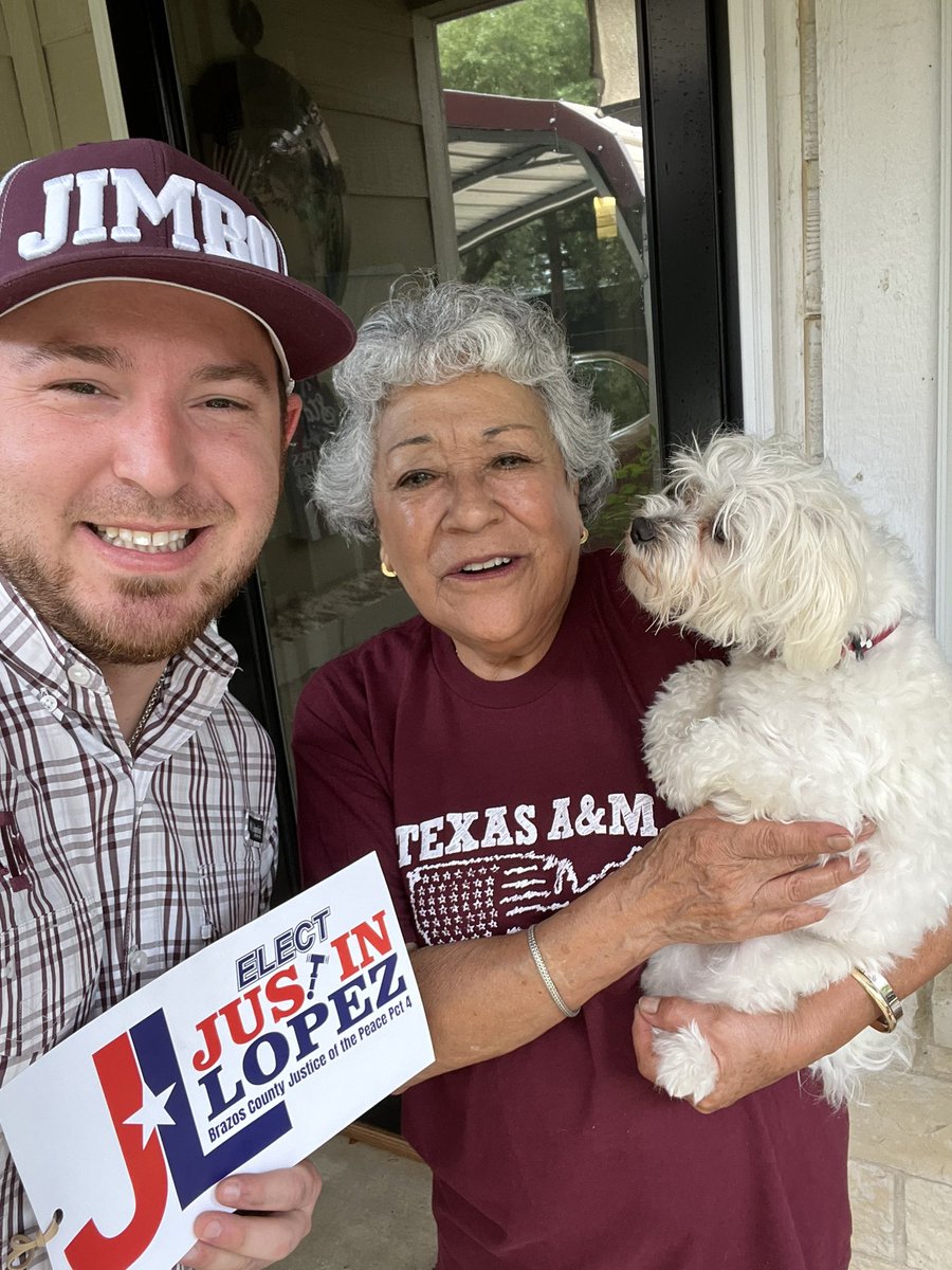 VoteJustinLopez's tweet photo. Door to door is how I got the score up dates from the Aggie game! Thank you Mrs. Maria for the conversation and being a proud supporter of our efforts. She is excited to cast her vote for Justin Lopez - JP4.
#votejustinlopez https://t.co/9dYQ9xRZZF