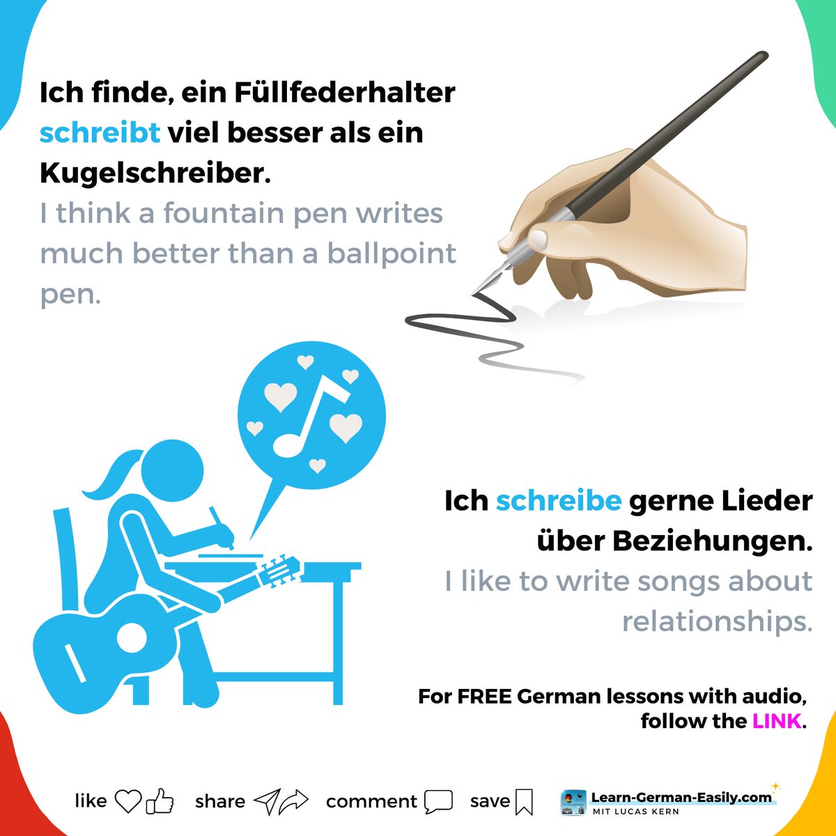 LearnXDGerman's tweet image. 🇩🇪

✍️🖊️✒️ Do you know how to conjugate regular verbs?

Today I want to show you with the verb schreiben!

Swipe the picture to read the examples! 😊

Learn to use German verbs with audio:
learn-german-easily.com/i-you-he-she-i…

___
#learngermaneasily #germanforbeginners #easygerman