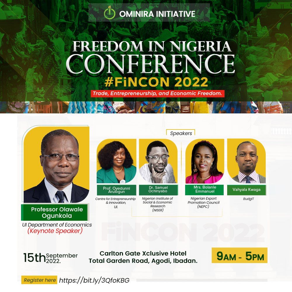 ominirahq's tweet photo. The Freedom in Nigeria Conference #FiNCON2022 is a platform for entrepreneurs and experts from the media, civil society, and academia, to dialogue on pressing economic barriers in Nigeria and profer practical &amp; sustainable solutions.

Register for free at https://t.co/x5cDDS0fSI https://t.co/hZ1jWv23C3