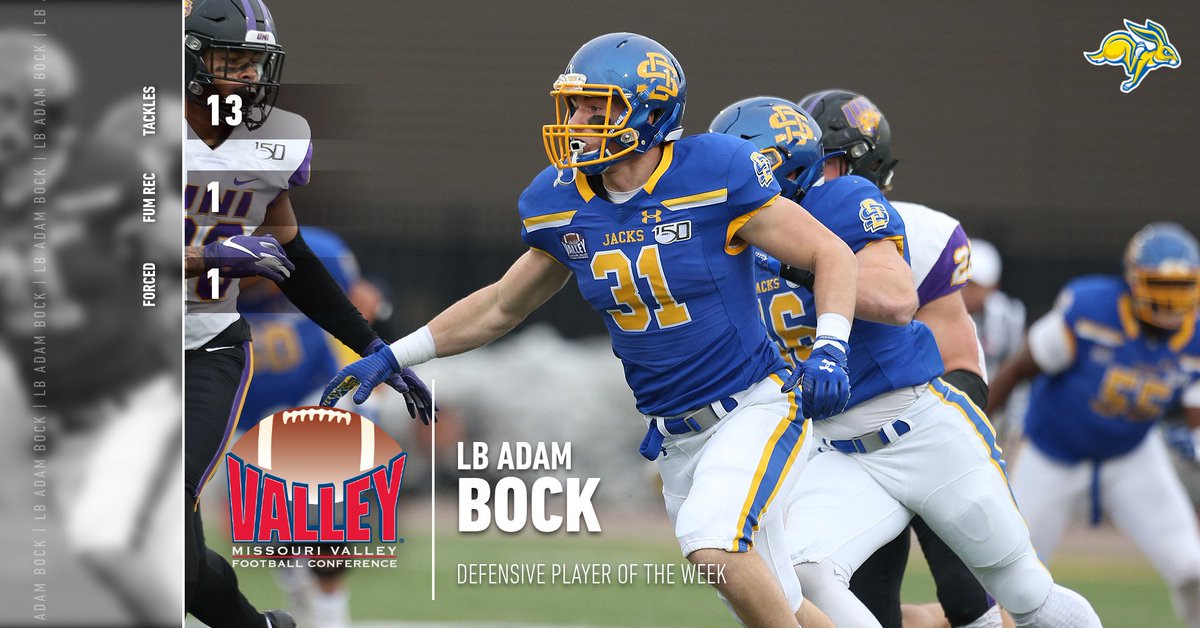 Defensive Player of the Week ⫸ LB Adam Bock <a href="/GoJacksFB/">SDSU Football</a>

▪️ Bock registered a game-high 13 tackles as SDSU did not allow a touchdown and limited Iowa to only 166 yards
▪️ Recovered a fumble and also forced a fumble.

bit.ly/3RiSC10