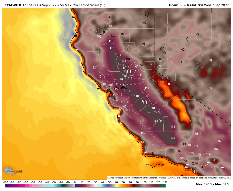 US_Stormwatch's tweet image. The two most accurate weather models in the world (American and European) continue to forecast temperatures up to 120F in the Central Valley.

This would absolutely blow monthly records out of the water and set new all-time highs by several degrees.
