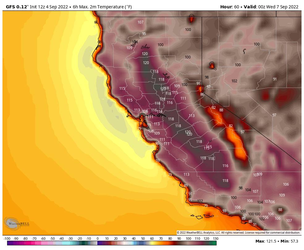 US_Stormwatch's tweet image. The two most accurate weather models in the world (American and European) continue to forecast temperatures up to 120F in the Central Valley.

This would absolutely blow monthly records out of the water and set new all-time highs by several degrees.