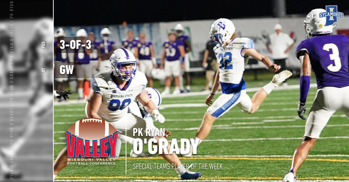 Special Teams Player of the Week ⫸ PK Ryan O'Grady <a href="/IndStFB/">Indiana State Football</a>

▪️ Was a perfect 3-for-3 on FG tries in his Indiana State debut.
▪️ Hit the game-winner in OT as ISU defeated South Alabama on Thursday.

bit.ly/3RiSC10