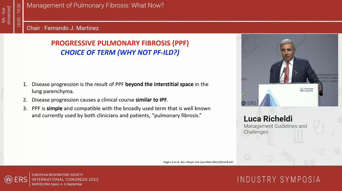 drdayjee's tweet photo. Prof. Luca Richeldi @Lucaric dissects IPF and PPF as presented in the new guidelines. 

Examines the case for combining ‘typical’ and ‘probable’ UIP into one category; and the choice for “PPF” as a new terminology - not a distinct clinical diagnosis. 

#ERS2022 #CurePF https://t.co/LJGQPUcbVG