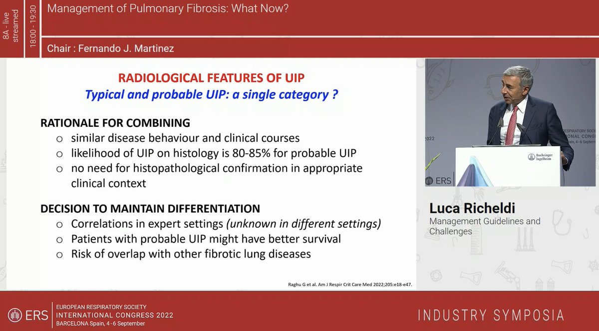 drdayjee's tweet photo. Prof. Luca Richeldi @Lucaric dissects IPF and PPF as presented in the new guidelines. 

Examines the case for combining ‘typical’ and ‘probable’ UIP into one category; and the choice for “PPF” as a new terminology - not a distinct clinical diagnosis. 

#ERS2022 #CurePF https://t.co/LJGQPUcbVG